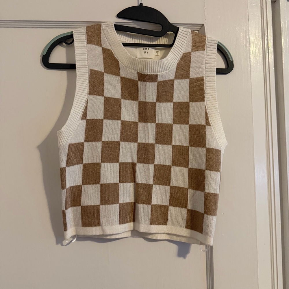 Checkerboard Knit Crop Tank - Cream & Brown